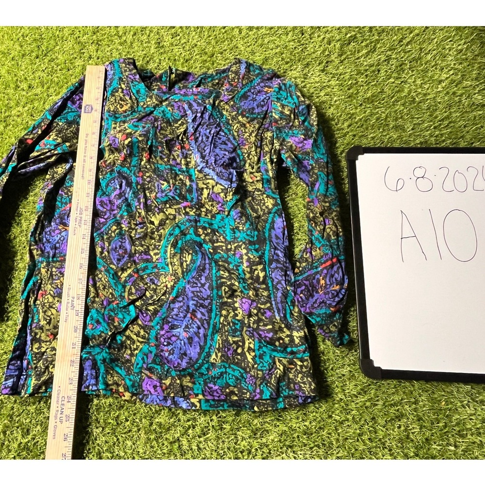 Abiana Vintage 100% Silk Abstract Paisley Blouse Purple‎ Teal Green Size 38